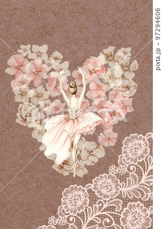 Hand drawn watercolor card template dancing ballerina with flower and lace. Pink pretty ballerina. Watercolor hand drawn illustration. Pictures for poster, invitation, postcard, background and posters 97294606