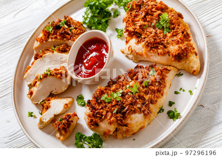 chicken breasts with crunchy fried onion coating chicken breasts with crunchy fried onion coating 97296196