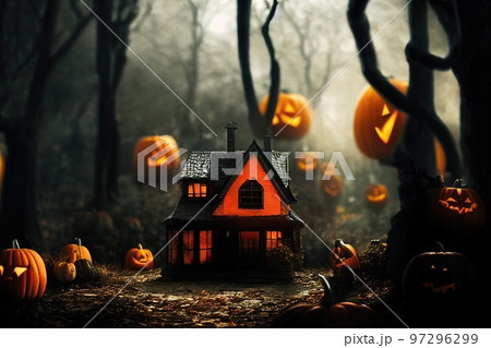Black and orange house with Halloween theme, 3d render Black and orange house with Halloween theme, 3d render 97296299