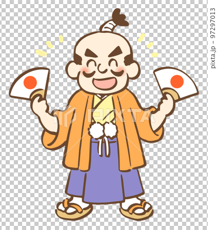 Illustration of a feudal lord in a good mood holding a folding fan in both hands 97297013