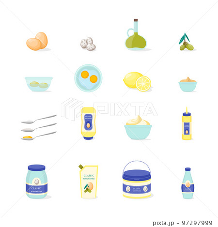Cartoon Color Mayonnaise Ingredients Icons Set Include of Egg, Oil Bottle and Spoon. Vector illustration of Mayo Sauce Elements 97297999