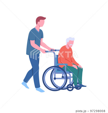 Cartoon Taking Care of Seniors Concept Flat Design Style. Vector illustration of Caretaker and Grandfather Pensioner with Wheelchair 97298008