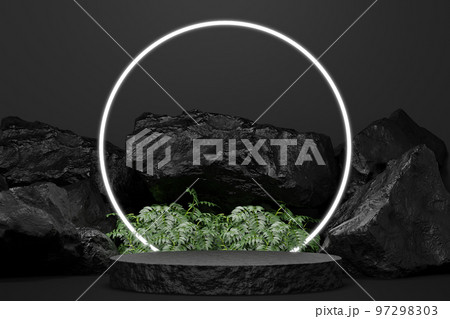 black Empty podium Blank product shelf standing backdrop. 3D rendering. 97298303