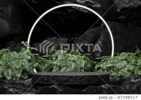 black Empty podium Blank product shelf standing backdrop. 3D rendering. 97298317
