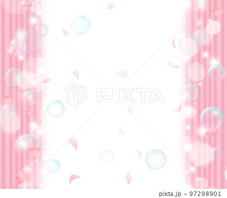 細かいドレープー開いたピンク色カーテンと桜の花びらーシャボン玉ーー光差し込む美しい背景素材 97298901