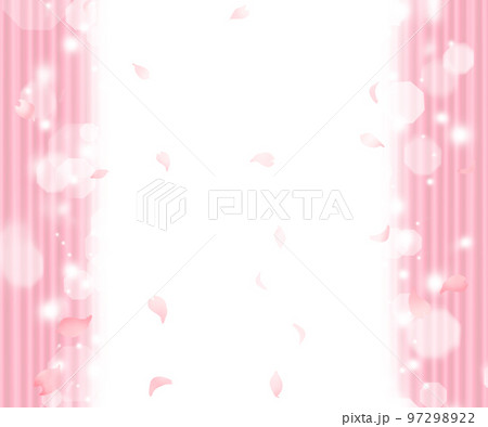 細かいドレープー開いたピンク色カーテンと桜の花びらー光差し込む美しいメルヘン背景素材 97298922