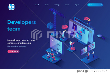 Developers team concept 3d isometric web landing page. People develop programs and applications, optimize interfaces, analyze market and launch products. Vector illustration for web template design 97299807