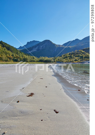 Sea and ocean view of beach waves washing onto empty and relaxing public seashore with forest and mountains background in Norway. Seascape with blue sky and copy space of calm, arctic and polar water 97299808