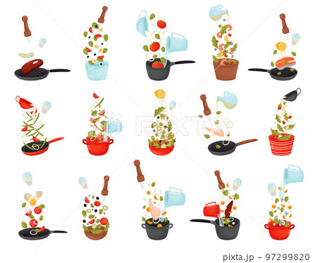 Food Cooking Process with Frying Pan, Pot and Salad Bowl with Ingredients Big Vector Set Food Cooking Process with Frying Pan, Pot and Salad Bowl with Ingredients Big Vector Set 97299820