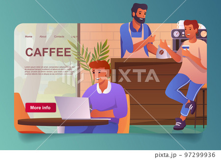 Cafe with visitors concept in cartoon design for landing page. Barista making coffee to customer. Man works at laptop sitting at table in cafeteria. Vector illustration with people for web homepage Cafe with visitors concept in cartoon design for landing page. Barista making coffee to customer. Man works at laptop sitting at table in cafeteria. Vector illustration with people for web homepage 97299936