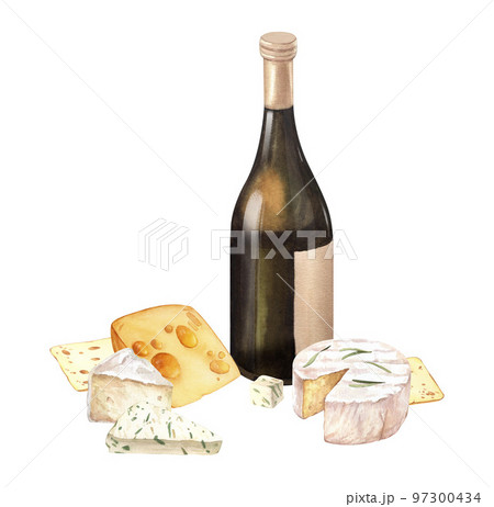 Watercolor white wine bottle glasses with camembert cheese, brie, blue and milk cheese. Hand drawn illustration, isolated on white background. Concept for wine list, banner, menu, flyer, template 97300434