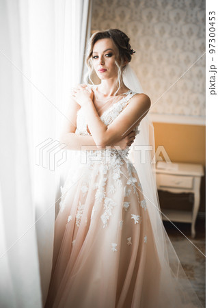 Gorgeous bride in robe posing and preparing for the wedding ceremony face in a room Gorgeous bride in robe posing and preparing for the wedding ceremony face in a room 97300453