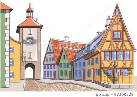 Old medieval street with colorful houses and clock tower in Rothenburg ob der Tauber. 97300529