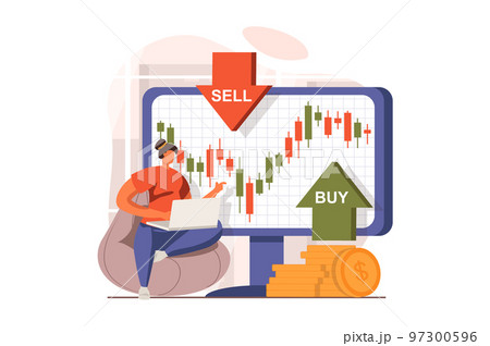 Stock market web concept in flat design. Businesswoman analyzing trends and charts, buys and sells stocks, forex trading, invests money and increases her income. Vector illustration with people scene 97300596