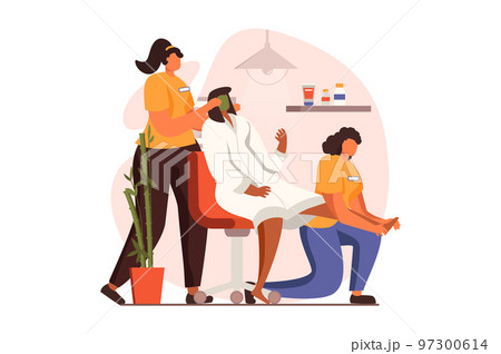 Spa salon web concept in flat design. Professional cosmetologist makes facial mask and beauty skin care procedure, masseuse making massage foots of female client. Vector illustration with people scene 97300614