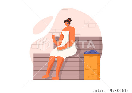 Spa salon web concept in flat design. Woman in towel sits on wooden bench in hot sauna, sweats and receives body skin care. Cosmetology and hygiene procedure. Vector illustration with people scene 97300615