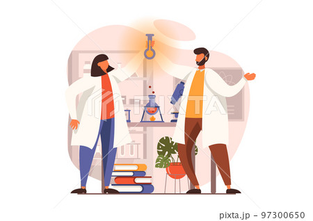 Science laboratory web concept in flat design. Woman and man make scientific discovery and hold test tube with new substance. Scientists make lab experiments. Vector illustration with people scene 97300650