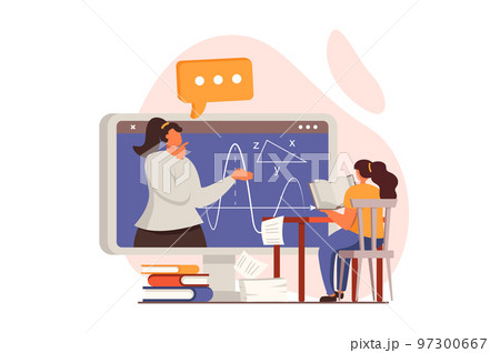 School teacher web concept in flat design. Schoolgirl reads book and watches video lecture. Teacher explains in online webinar. Education and gain knowledge. Vector illustration with people scene 97300667