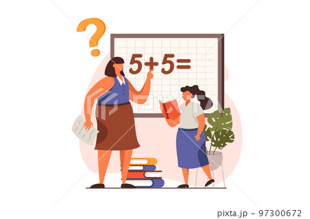 School teacher web concept in flat design. Woman tutor asking question, schoolgirl solving mathematical problem at blackboard. Education and gain knowledge. Vector illustration with people scene School teacher web concept in flat design. Woman tutor asking question, schoolgirl solving mathematical problem at blackboard. Education and gain knowledge. Vector illustration with people scene 97300672