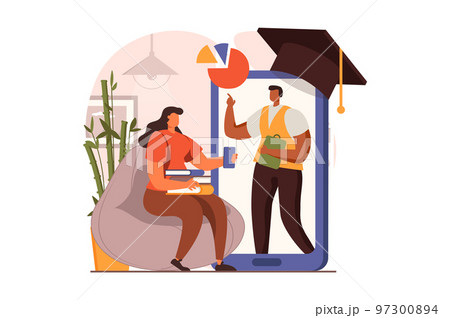 Online education web concept in flat design. Teacher explains lesson on smartphone screen, woman student are listening webinar, reading books, gain knowledge. Vector illustration with people scene Online education web concept in flat design. Teacher explains lesson on smartphone screen, woman student are listening webinar, reading books, gain knowledge. Vector illustration with people scene 97300894