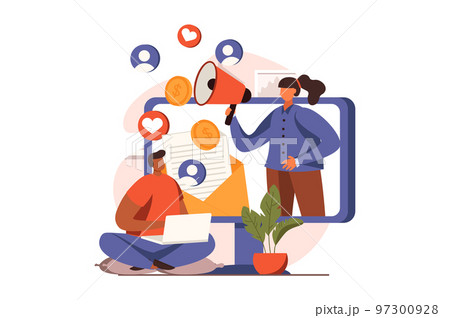 Marketing web concept in flat design. Woman holding megaphone, making advertising and attracting clients. Man using social media and sees promo content in emails. Vector illustration with people scene 97300928