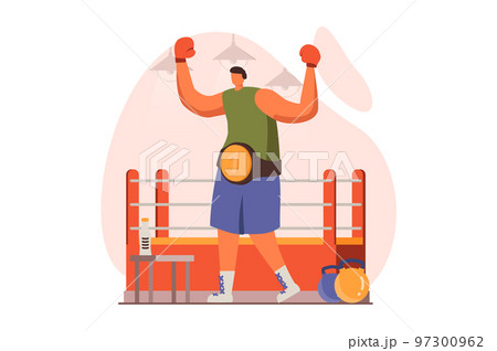 Happy competition champions web concept in flat design. Boxer wins title and champion belt in champioship at ring. Victory celebration and goals achivement. Vector illustration with people scene Happy competition champions web concept in flat design. Boxer wins title and champion belt in champioship at ring. Victory celebration and goals achivement. Vector illustration with people scene 97300962