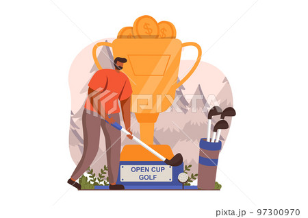 Happy competition champions web concept in flat design. Man professionally plays golf and takes part in competition and wins golden trophy. Victory celebration. Vector illustration with people scene 97300970
