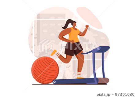 Fitness web concept in flat design. Woman in sports uniform does cardio workout and runs on treadmill in sports club. Sportswoman training and exercising in gym. Vector illustration with people scene Fitness web concept in flat design. Woman in sports uniform does cardio workout and runs on treadmill in sports club. Sportswoman training and exercising in gym. Vector illustration with people scene 97301030