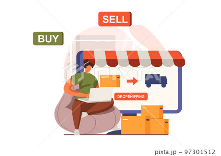Digital business web concept in flat design. Woman sells goods in online store on marketplace, arranges and sends orders to customers. E-commerce and e-business. Vector illustration with people scene Digital business web concept in flat design. Woman sells goods in online store on marketplace, arranges and sends orders to customers. E-commerce and e-business. Vector illustration with people scene 97301512