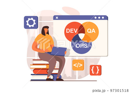 DevOps web concept in flat design. Woman working at laptop, adjusts workflow, organizes work of departments, administers process. Development operations practice. Vector illustration with people scene 97301518