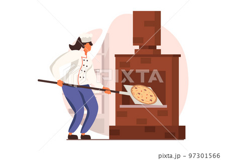Cooking and restaurant web concept in flat design. Chef prepares Italian pizza standing near traditional stove in kitchen. Culinary art and professional staff. Vector illustration with people scene Cooking and restaurant web concept in flat design. Chef prepares Italian pizza standing near traditional stove in kitchen. Culinary art and professional staff. Vector illustration with people scene 97301566