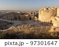 Mount Herodion and the ruins of the fortress of King Herod inside an artificial crater. The Judaean Desert, West Bank. 97301647