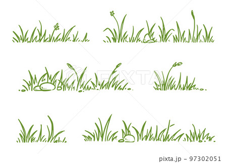 Grass doodle sketch style set. Hand drawn grass field outline scribble background. Sprout, flower, clover elements 97302051
