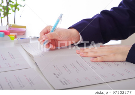 机に向かって勉強を頑張っている女の子 97302277