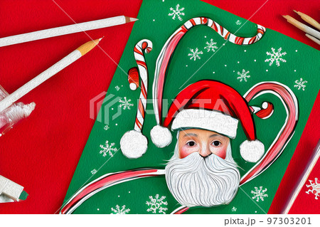 Winter season holiday, Christmas, New Year. Christmas concept. Children's drawings in pencil and paints. 97303201
