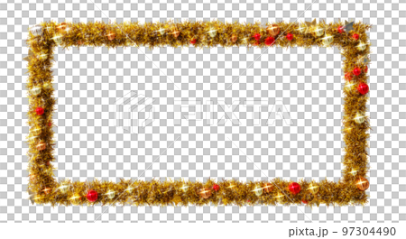 聖誕素材：金色1:2長方形花環框，閃閃發光的星星和五顏六色的球體3D渲染 97304490