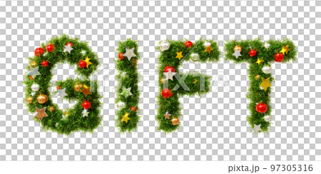Christmas wreath font material: 3D rendering of letters made of wreath leaves, shining stars and colorful orbs Christmas wreath font material: 3D rendering of letters made of wreath leaves, shining stars and colorful orbs 97305316