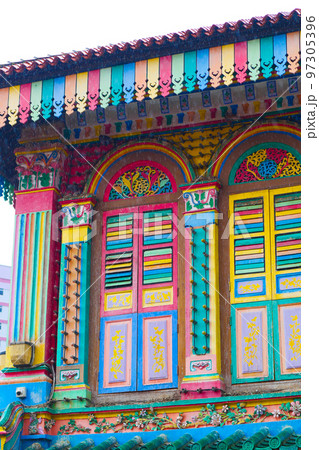 street view of Colorful facade buildings and traffic  97305396