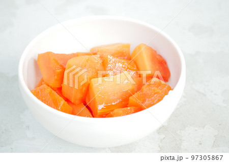 slice of papaya on white plate , slice of papaya on white plate , 97305867