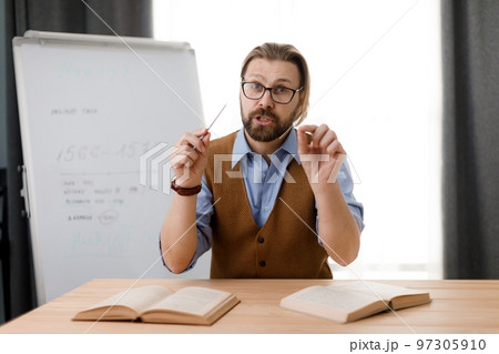 Teacher at home during online lecture Teacher at home during online lecture 97305910