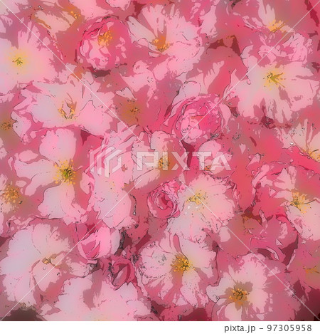 Pink flowers cherry sakura background. Flower wall illustration. Soft selective focus. Holiday postcard. Pink petals and yellow stamens.Prunus serrulata background. Blurry art. Spring cherry blossom 97305958