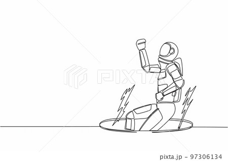 Single continuous line drawing young astronaut fell into manhole underground sewer. Spaceman fell into sewage. Space business failure. Cosmonaut deep space. One line graphic design vector illustration Single continuous line drawing young astronaut fell into manhole underground sewer. Spaceman fell into sewage. Space business failure. Cosmonaut deep space. One line graphic design vector illustration 97306134