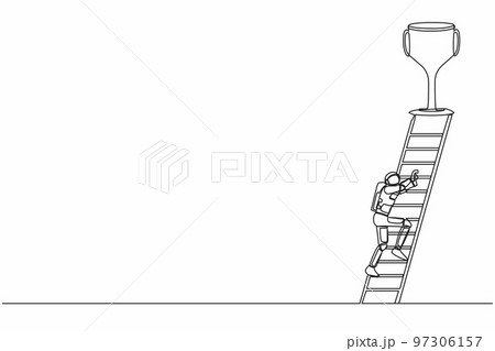 Single one line drawing young astronaut climb ladder to get trophy. Motivation to success in starship galactic expedition. Cosmic galaxy space. Continuous line draw graphic design vector illustration Single one line drawing young astronaut climb ladder to get trophy. Motivation to success in starship galactic expedition. Cosmic galaxy space. Continuous line draw graphic design vector illustration 97306157