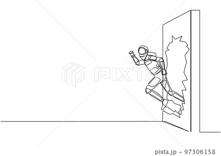 Single continuous line drawing young astronaut run and breaking through brick wall in moon surface. Future spaceship tech development. Cosmonaut deep space. One line graphic design vector illustration 97306158