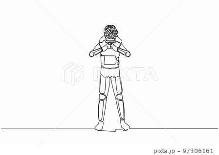 Single one line drawing astronaut with round scribbles instead of head. Sign crossing fingers forming x. Cross, wrong or banned. Cosmic galaxy space. Continuous line graphic design vector illustration 97306161