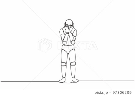 Continuous one line drawing robot cover his face by hands and crying. Depression disorder, sad, sorrow, disappointment. Humanoid robot cybernetic organism. Single line draw design vector illustration 97306209