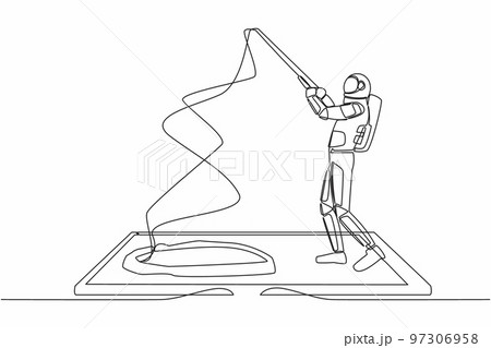 Single continuous line drawing astronaut fishing on smartphone screen. Spaceman standing and fishing with rod. Fisherman mobile app. Cosmonaut deep space. One line graphic design vector illustration Single continuous line drawing astronaut fishing on smartphone screen. Spaceman standing and fishing with rod. Fisherman mobile app. Cosmonaut deep space. One line graphic design vector illustration 97306958