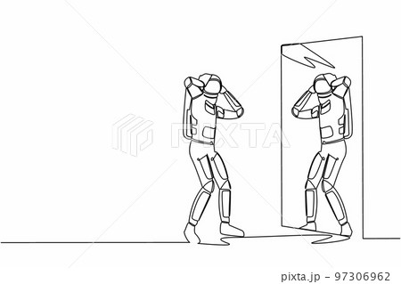 Single one line drawing frustrated astronaut see himself failure in mirror. Mental health problems. Anxiety in cosmic exploration. Cosmic galaxy space. Continuous line draw design vector illustration 97306962
