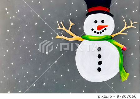 Snowman in a hat and scarf. Children's drawing with colored pencils. Snowman in a hat and scarf. Children's drawing with colored pencils. 97307066