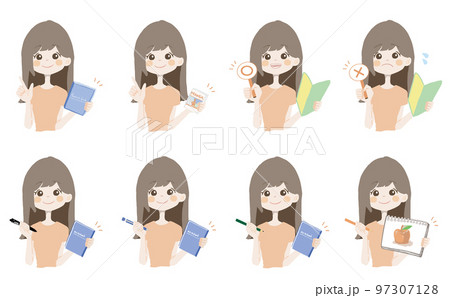 【本、漫画、マルバツ、絵を持っている女の子】表情とポーズのバリエーションセット 97307128